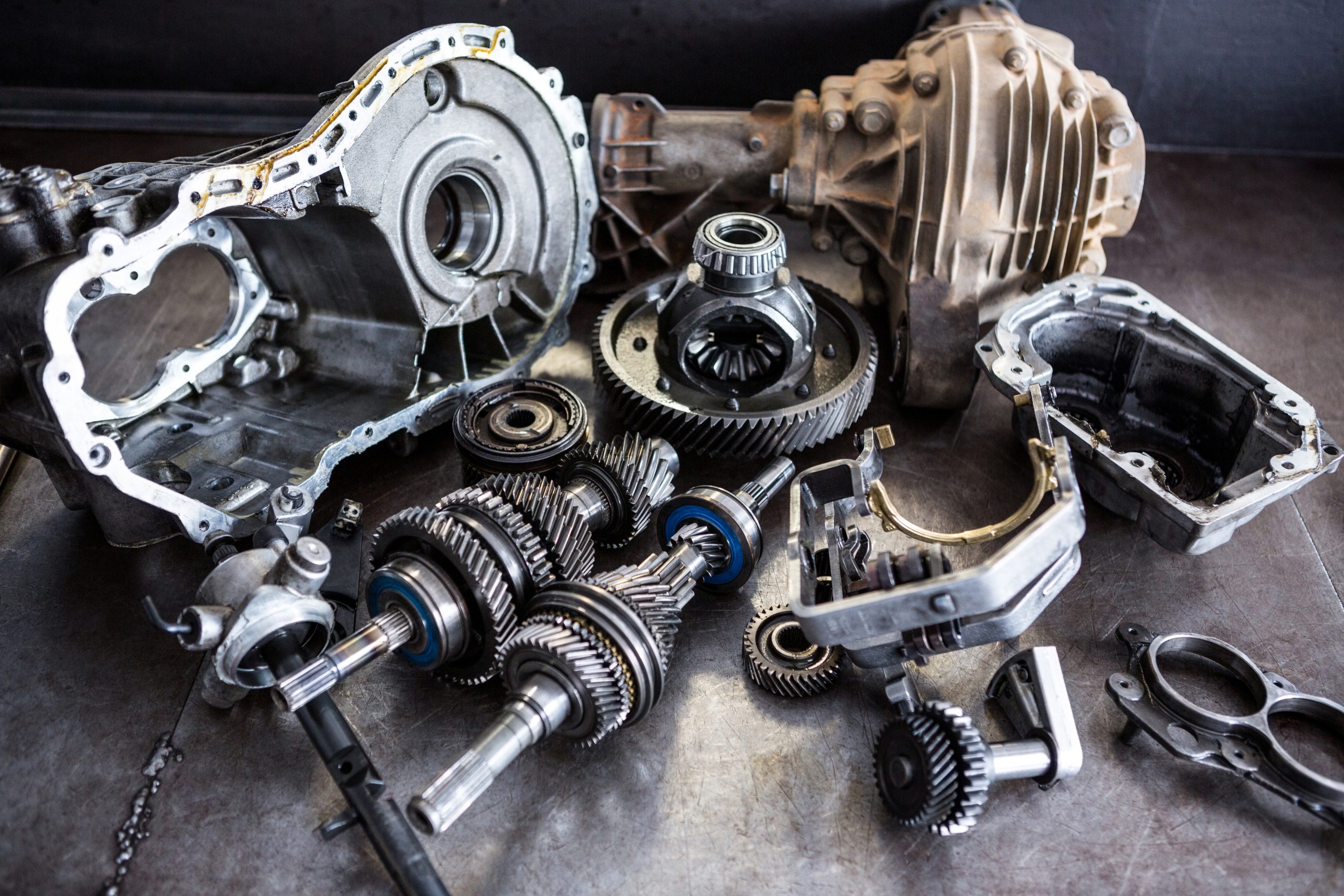 Close-up of various work tools on worktop at repair garage